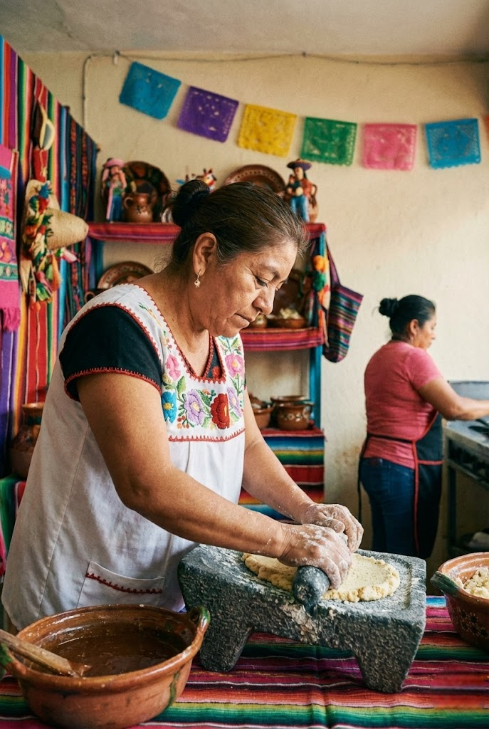 Mujer mexicana moliendo maiz