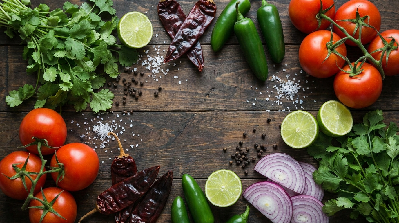 Bodegón de ingredientes frescos mexicanos como cilantro, chiles secos y limas en Tacos Doña Loren Cáceres