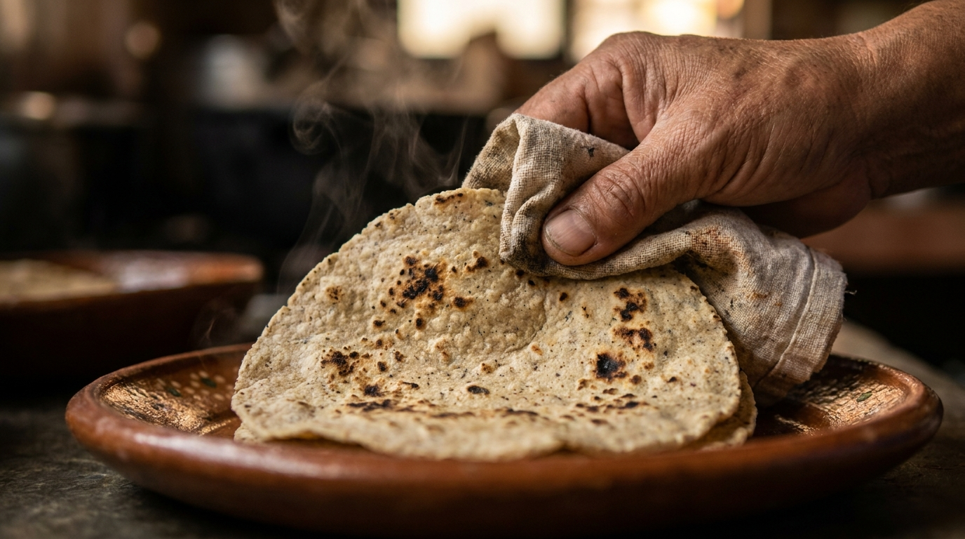 Tortillas de Maíz Nixtamalizado - Tacos Doña Loren Auténticas tortillas mexicanas de maíz nixtamalizado flexibles y humeantes en Tacos Doña Loren, Cáceres