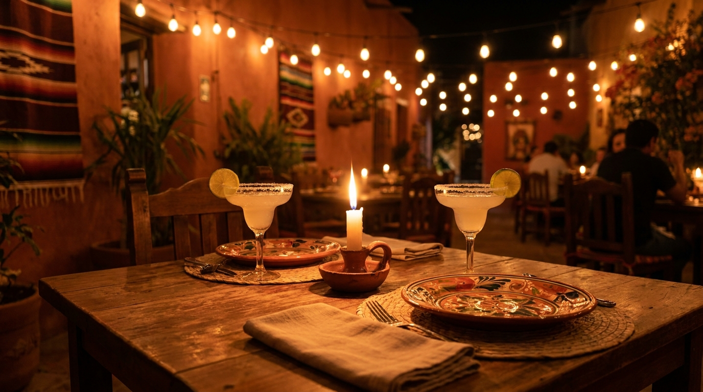 Restaurante Romántico en Cáceres - Tacos Doña Loren Mesa romántica para dos personas con luz cálida en el restaurante mexicano Tacos Doña Loren en Cáceres