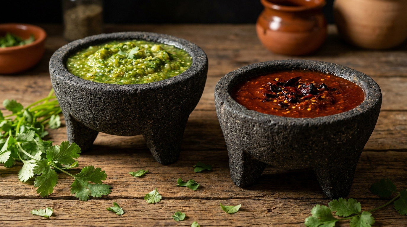 Salsas caseras Esmeralda y Chipotle servidas en molcajetes de piedra volcánica en Tacos Doña Loren, Cáceres