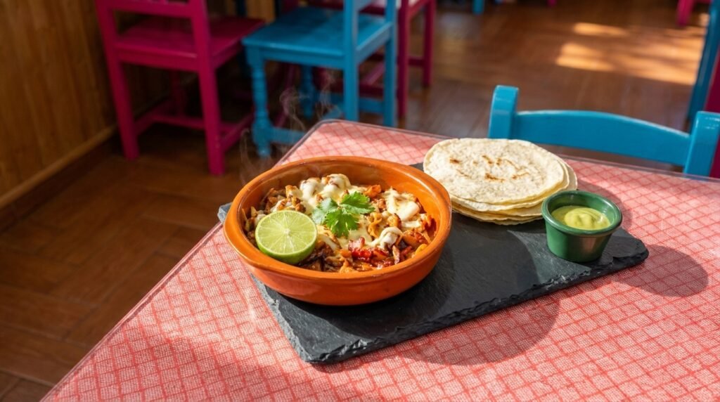 "Espectacular cazuela de Alambre Doña Loren con ternera, cerdo, chorizo, pimientos asados y queso fundido, especialidad del restaurante mexicano Tacos Doña Loren en Cáceres.