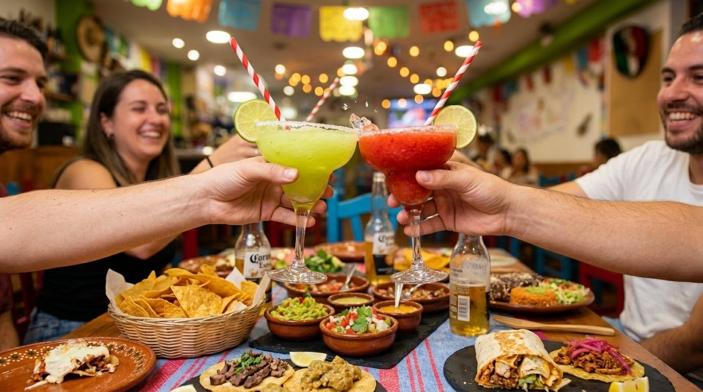 El Maridaje Perfecto en Cáceres Brindis con margaritas y mesa llena de auténtica comida mexicana en Tacos Doña Loren, Cáceres