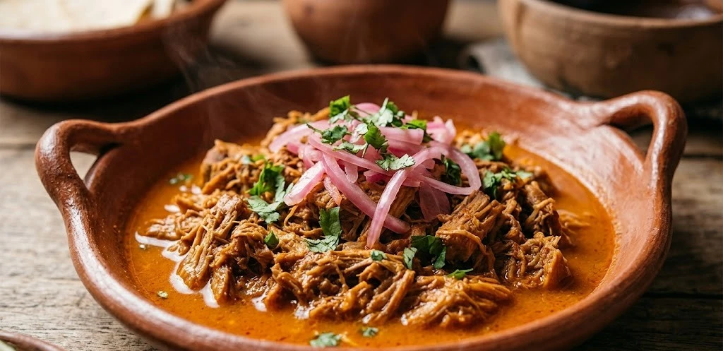 Primer plano de jugosa cochinita pibil en cazuela de barro, cocinada a fuego lento en el restaurante mexicano Tacos Doña Loren en Cáceres