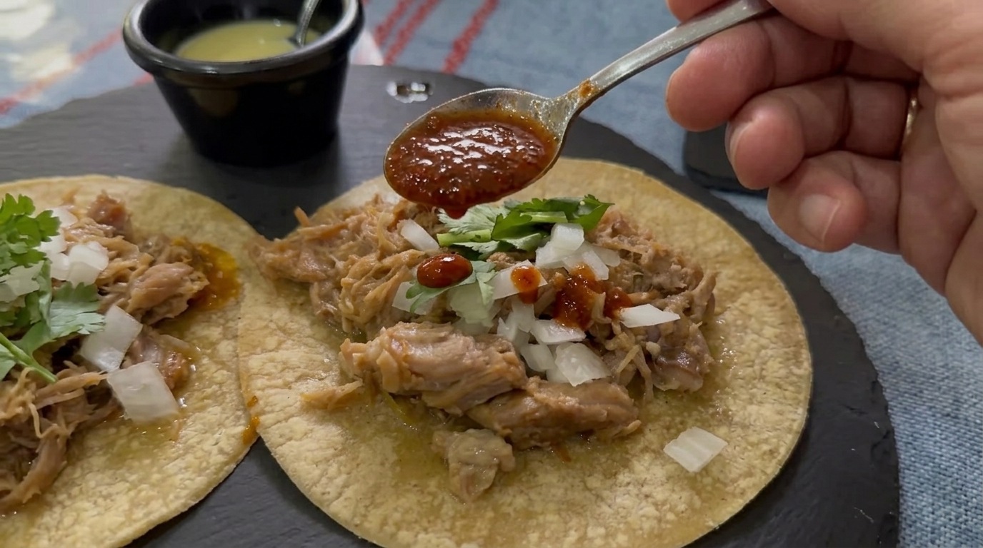 Tú controlas el nivel de picante Añadiendo unas gotas de salsa a un taco tradicional en el restaurante Tacos Doña Loren