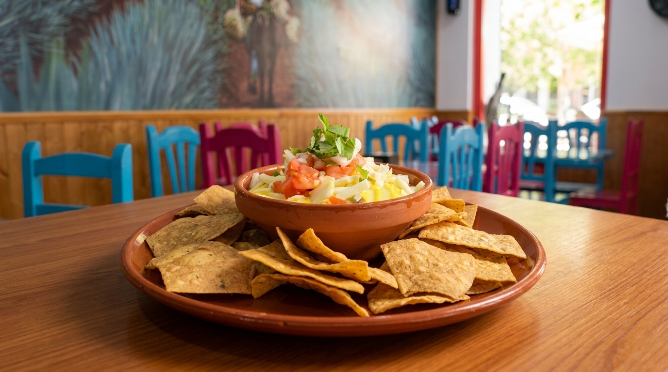 Deliciosos nachos surtidos en mesa listos para compartir en el restaurante mexicano Tacos Doña Loren en Cáceres