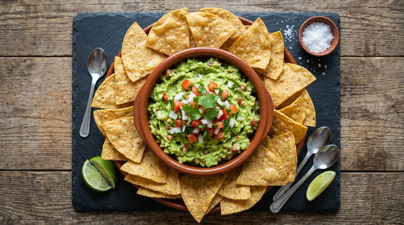 Guacamole y Totopos Sin Gluten Totopos de maíz artesanales sin gluten con guacamole fresco en Tacos Doña Loren, Cáceres