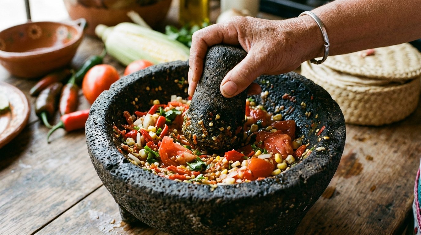 Herramientas ancestrales: Metate y Molcajete Metate y molcajete de piedra volcánica utilizados para moler especias y maíz en Tacos Doña Loren