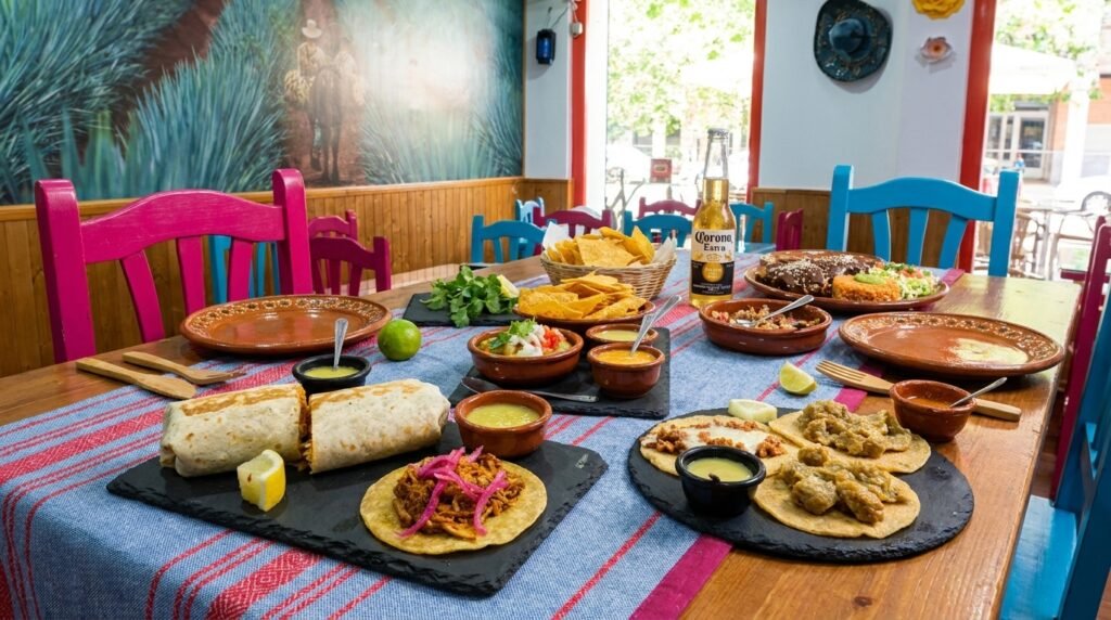 Mesa con auténtica comida mexicana en Tacos Doña Loren, ideal para reponer fuerzas haciendo turismo en Cáceres.