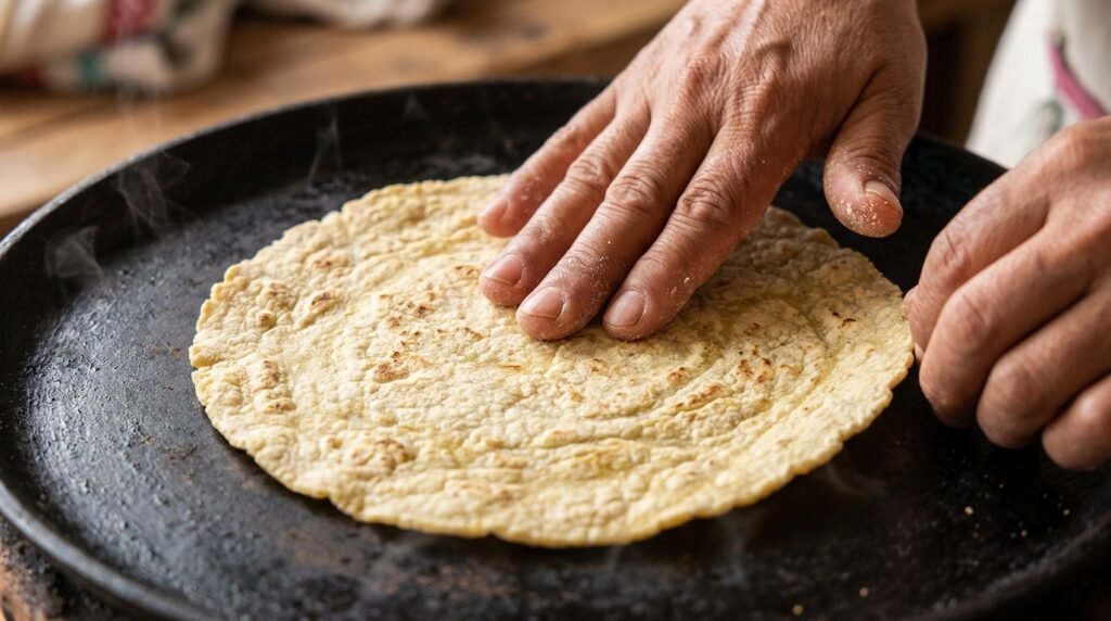 Auténticas tortillas de maíz nixtamalizado, 100% libres de gluten, preparadas en Tacos Doña Loren, Cáceres