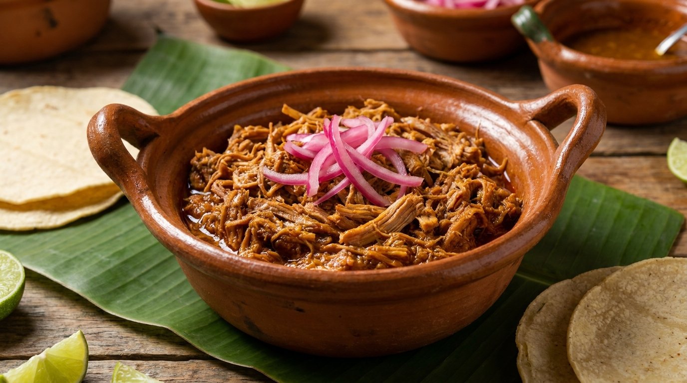 Cazuela de cochinita pibil tradicional con cebolla morada en Tacos Doña Loren Cáceres