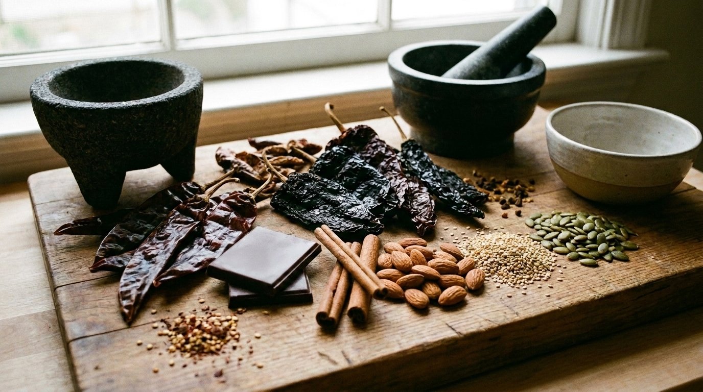 Ingredientes tradicionales para la elaboración de mole poblano con chiles secos y cacao puro