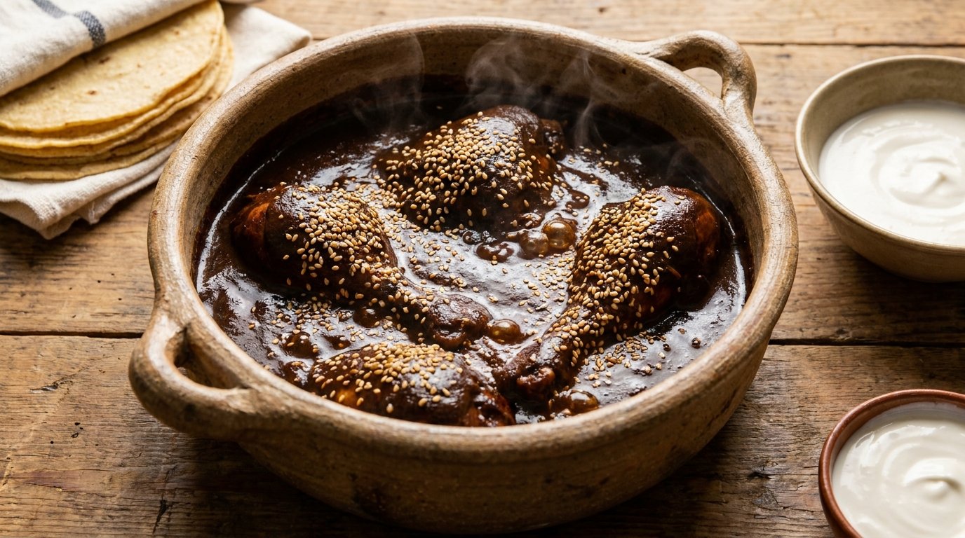 Cazuela de barro con mole poblano artesanal y ajonjolí tostado