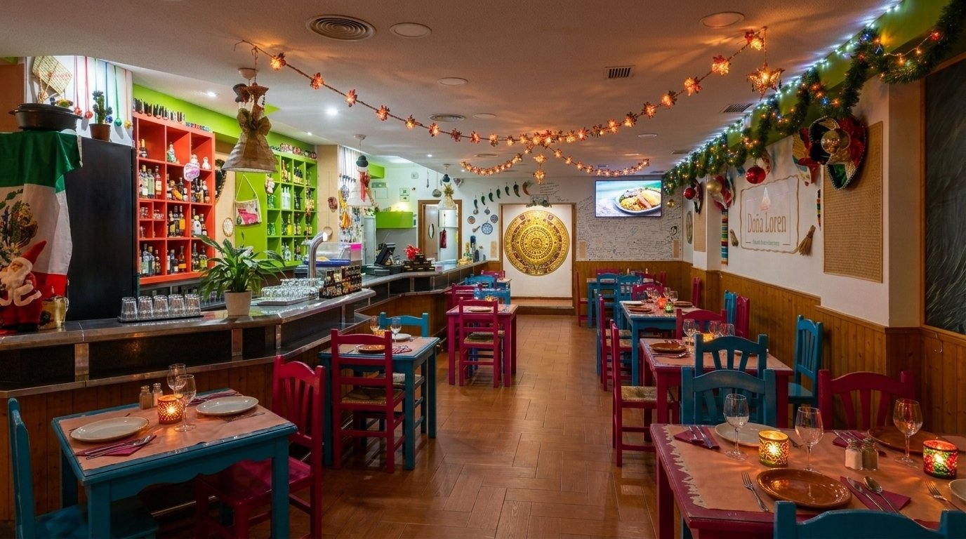 Mesa servida con comida mexicana artesanal y margaritas para cenar en Tacos Doña Loren, Cáceres