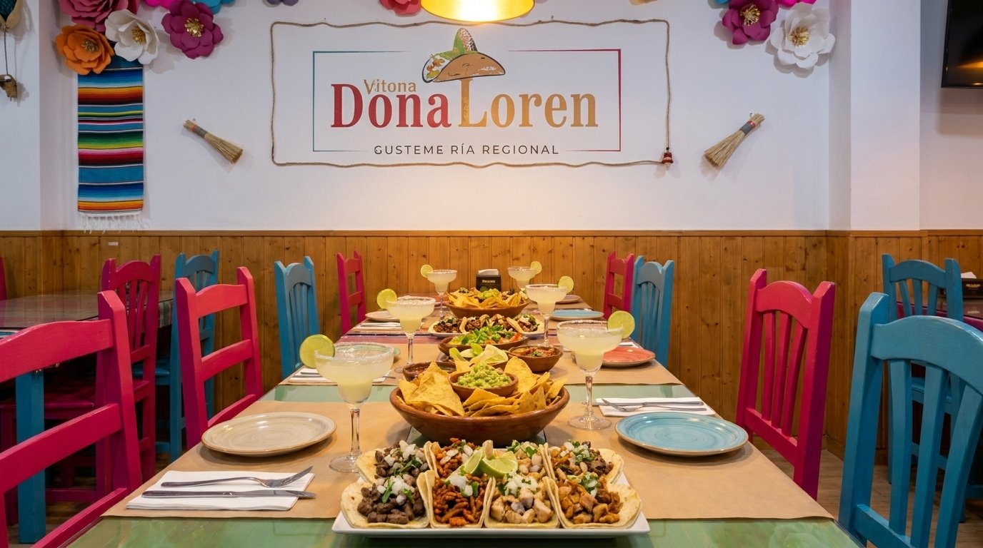 Mesa festiva con comida mexicana artesanal para cenar durante un puente festivo en Tacos Doña Loren, Cáceres
