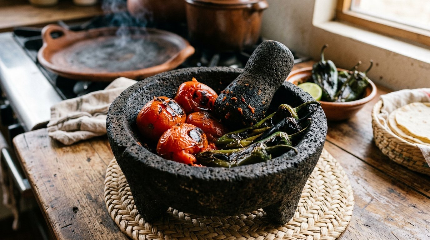 Molienda de Ingredientes Tatemados Ingredientes tatemados en molcajete artesanal para elaborar salsa roja tradicional mexicana en Tacos Doña Loren, Cáceres
