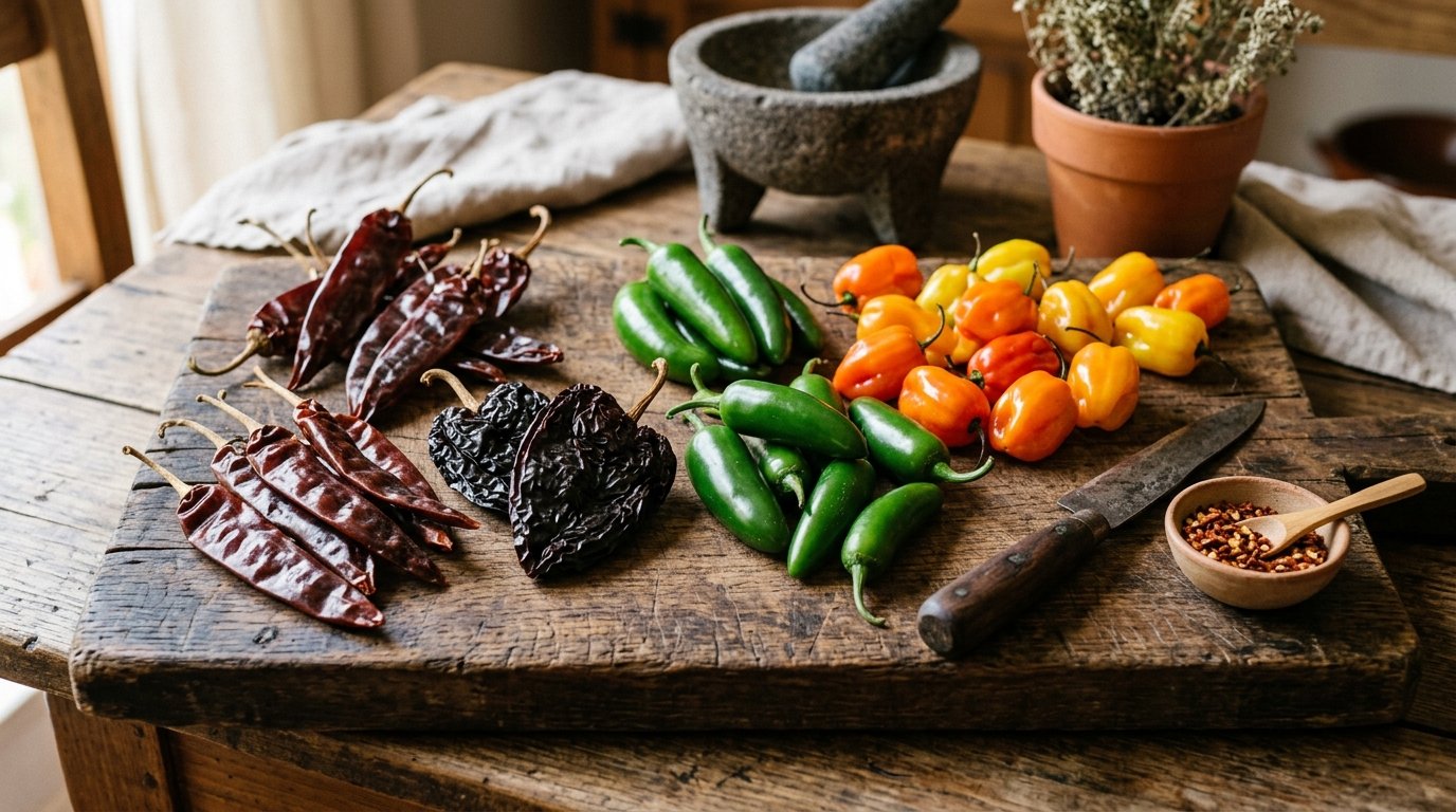 Tipos de Chiles Mexicanos - Escuela de Sabores Variedad de chiles secos y frescos ingredientes de la auténtica comida mexicana en Tacos Doña Loren